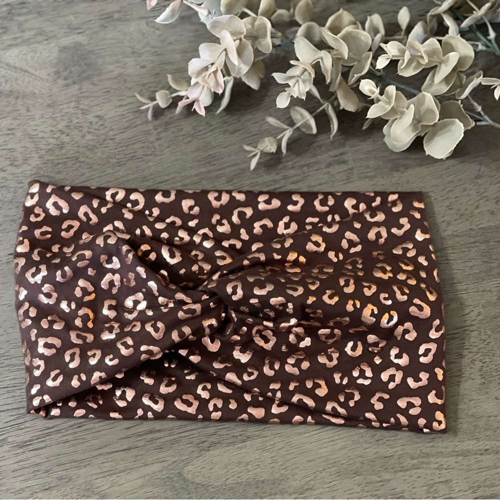 Deep plum & gold foil leopard twist headband